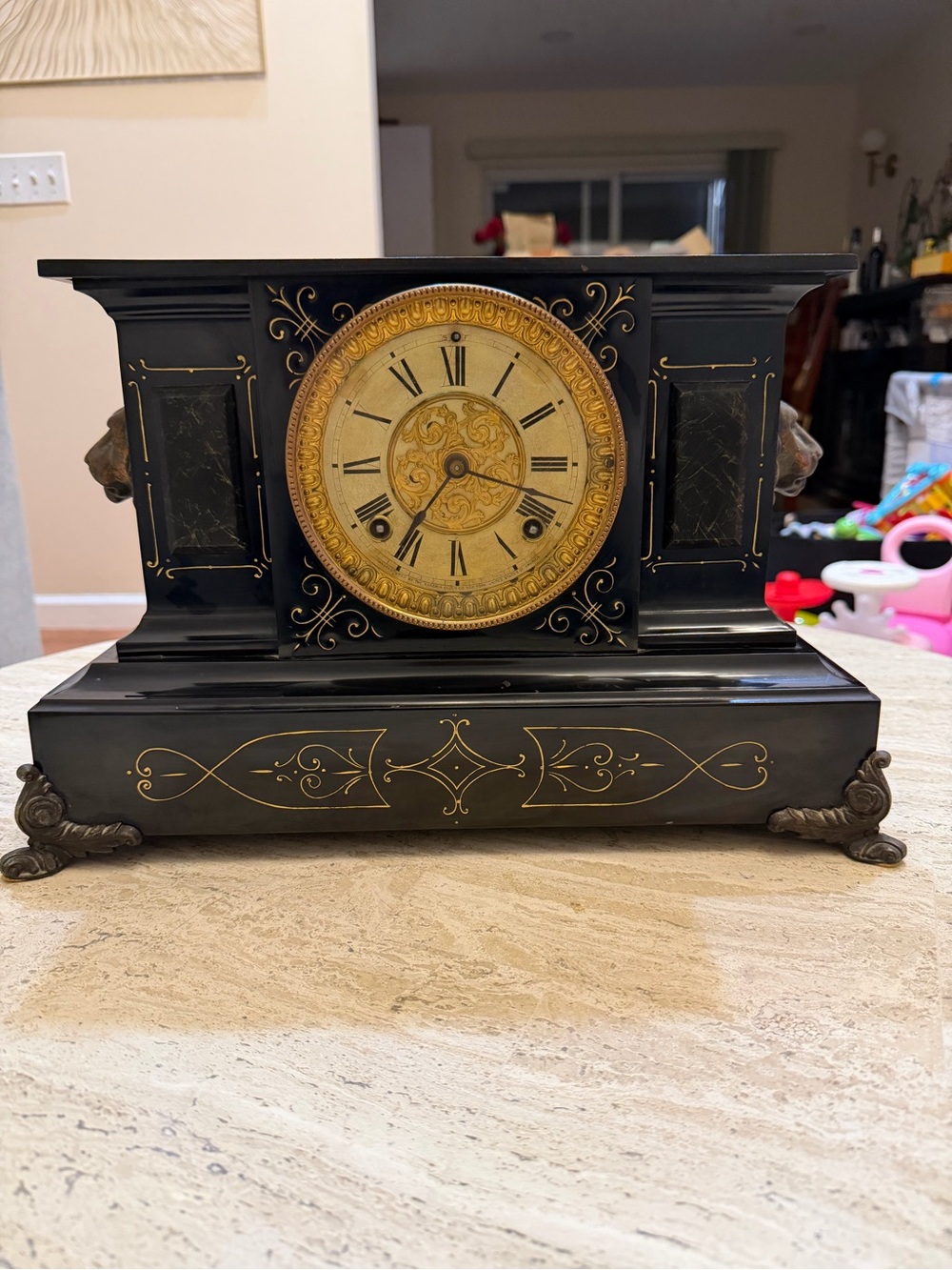 Antique Ansonia Iron 8 Day Mantle Clock *SUPER NICE* With Larger Lion's Heads
